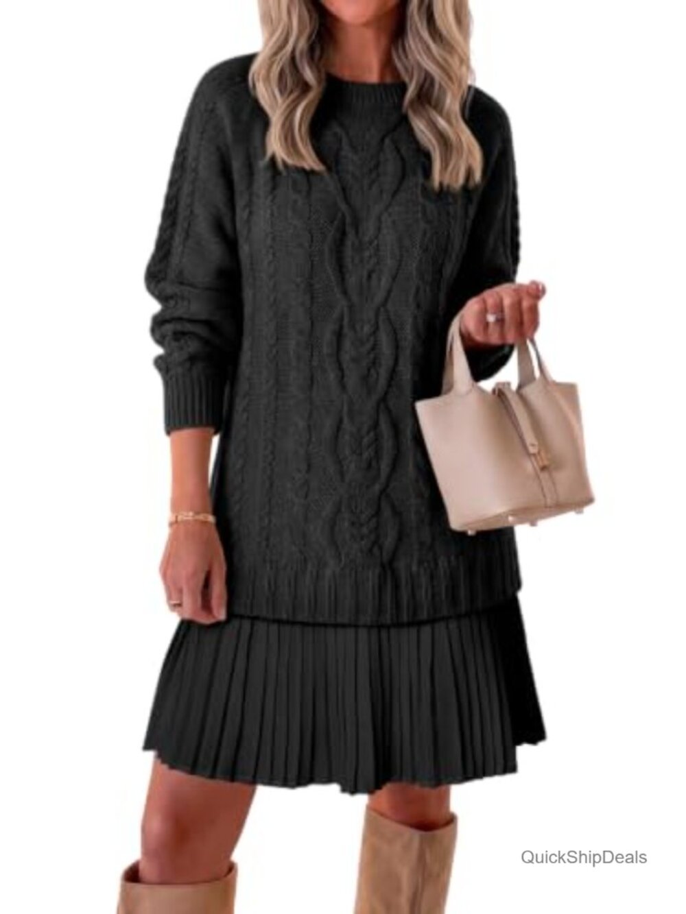 Cable Knit Sweater Dress Patchwork Pleated Long Sleeve Crewneck Mini